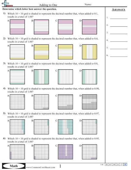 Decimal Worksheets - Adding and Subtracting Up to 1 worksheet